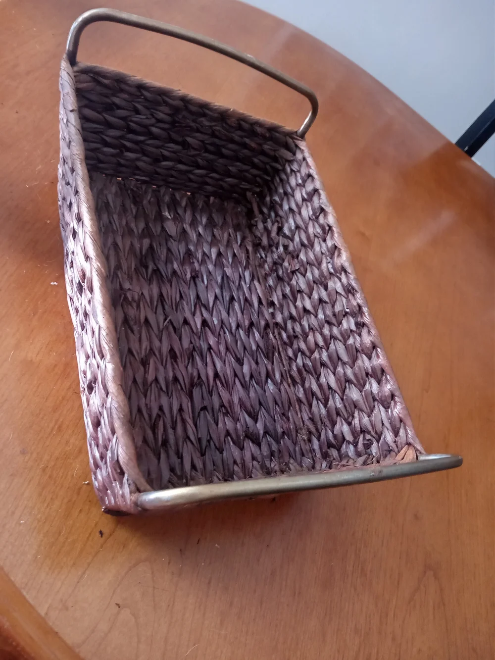 Vintage Brown Woven Rectangular Storage Basket with Metal Handles